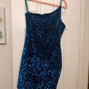 One-Shoulder Blue Sequin Dress - Women's Party Mini